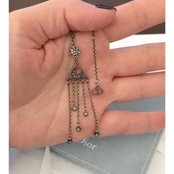CHRISTIAN DIOR Silver Pendant Lariat Necklace MOON & STARS - Picture 5 of 13